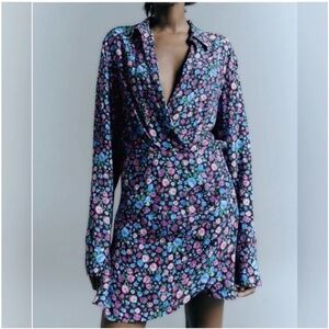 Zara Blue & Purple Floral Plunging Wrap Style Long Sleeve Collared Mini Dress